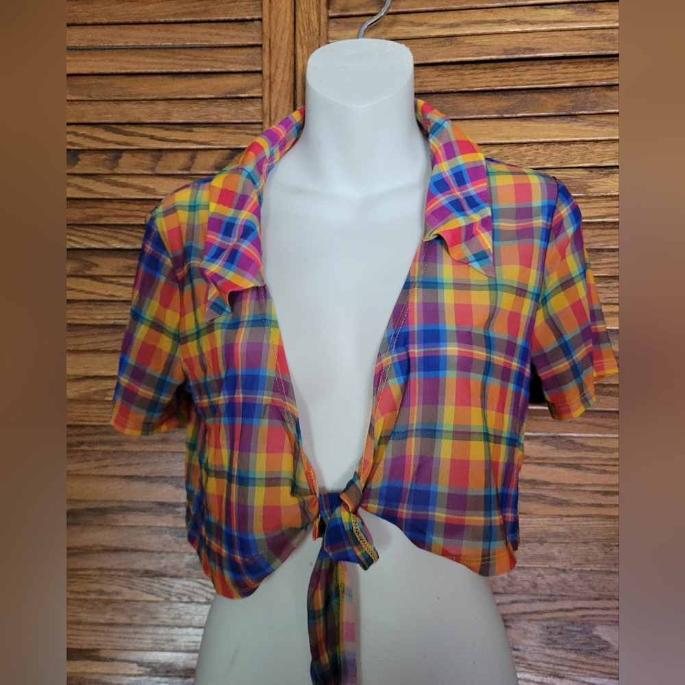 WeWoreWhat NWT Rainbow Plaid Mesh Tie-Front Top Size Medium